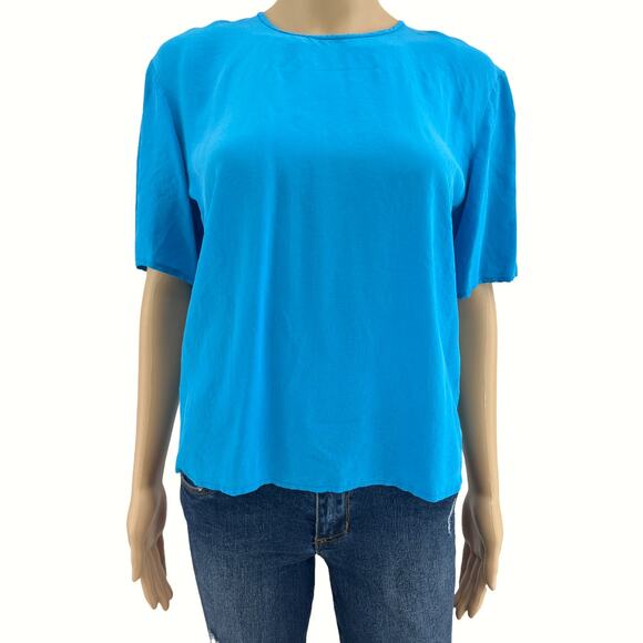 VINTAGE Jonathan Martin MEDIUM Sophisticates Blue 100% SILK Short Sleeve Top - Picture 1 of 5